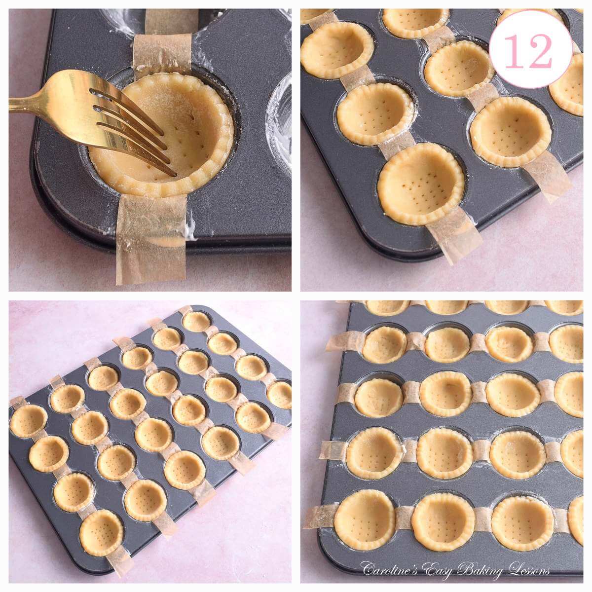 4 photo collage of formed mini pastry cases in mini muffin tin, docking them with a fork, and text 'photo 12'.