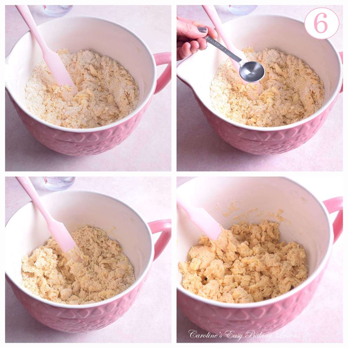 4 photo collage of pink mixing bowl adding more water to bring pastry dough together, with text 'photo 6'.