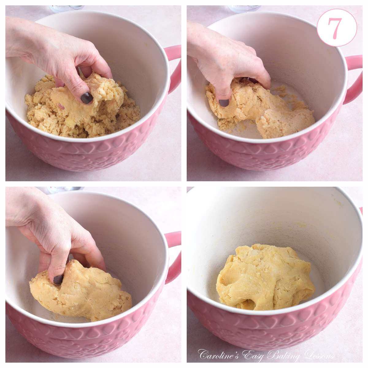 4 photo collage of kneading pastry dough together, with text 'photo 7'.