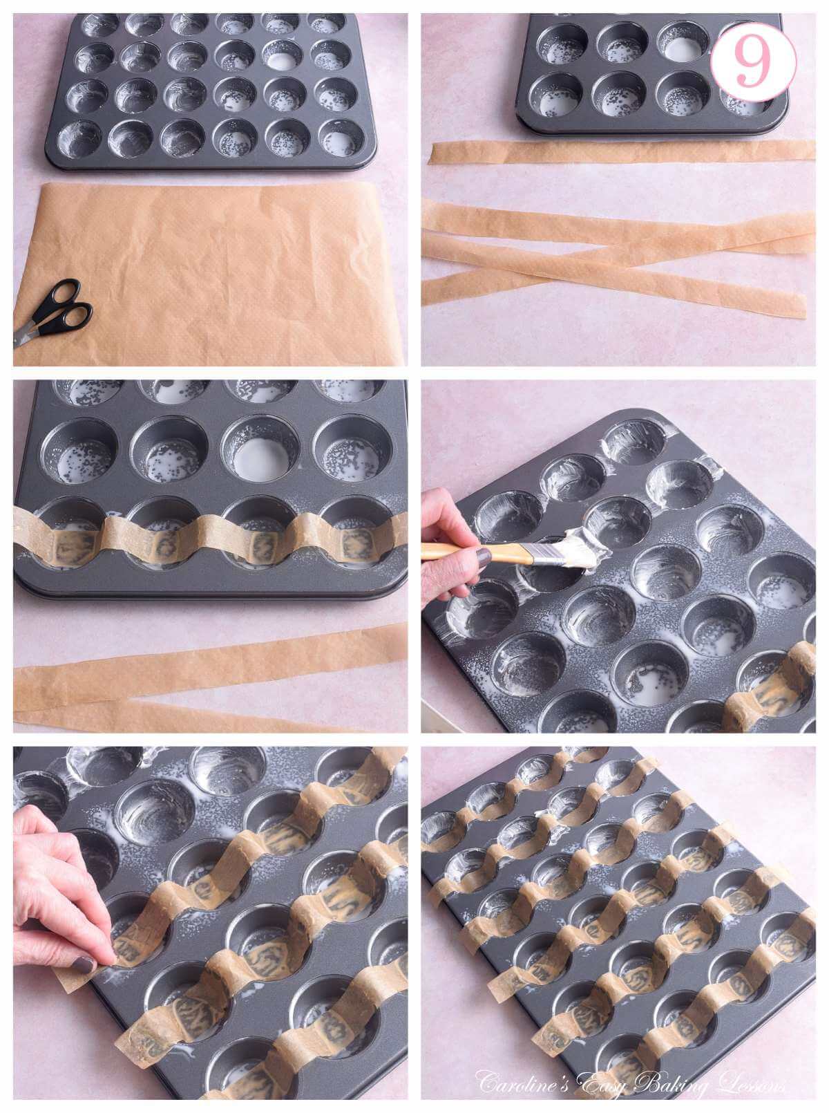 6 photo collage of greasing a 24 hole mini muffin tin and lining with long strips of paper, and text 'photo 9'.
