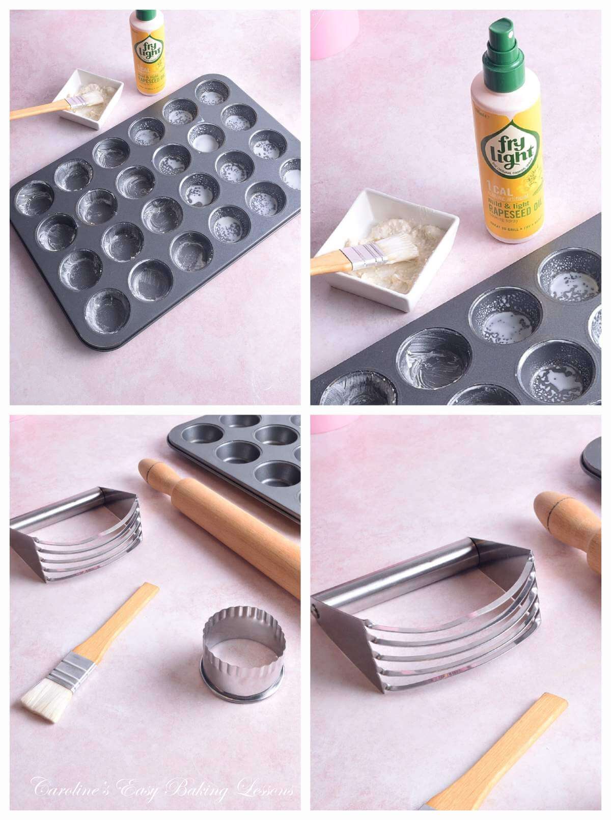 4 photo collage of pastry equipment - brush, round cookie cutter, rolling pin, pastry cutter & mini muffin tray.