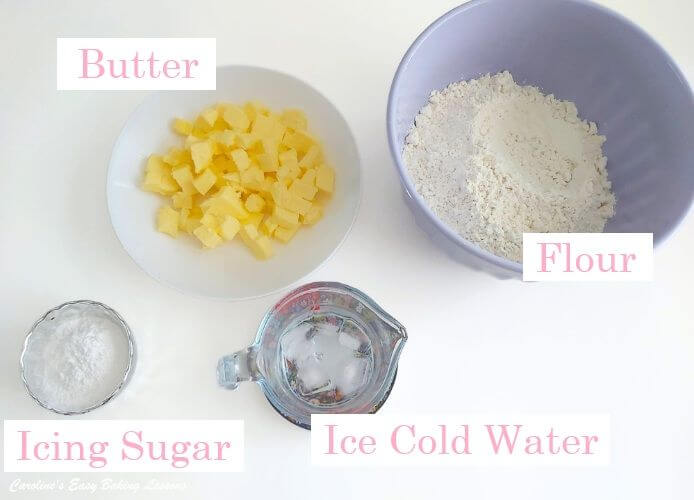 Labelled image of ingredients for sweet shortcrust pastry.