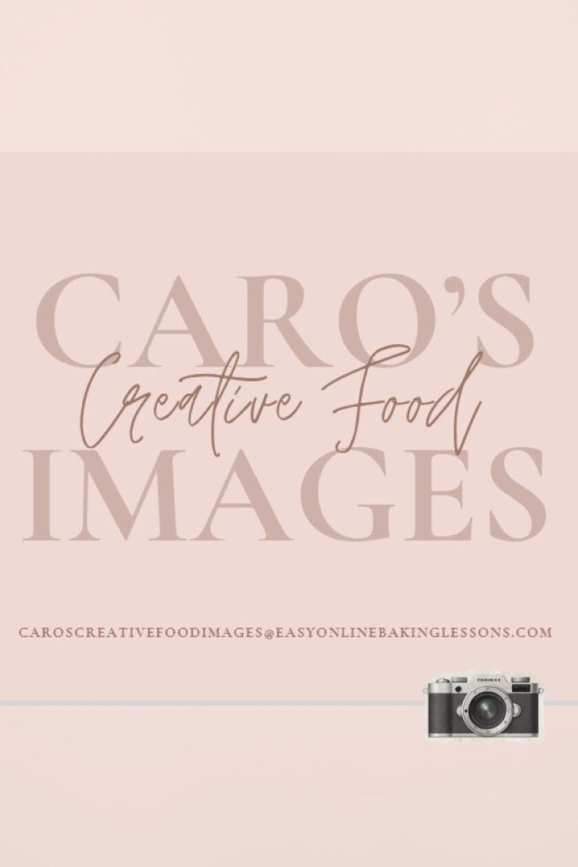 Vertical pink image with small camera icon and text 'Caro's Creative Food Images'.