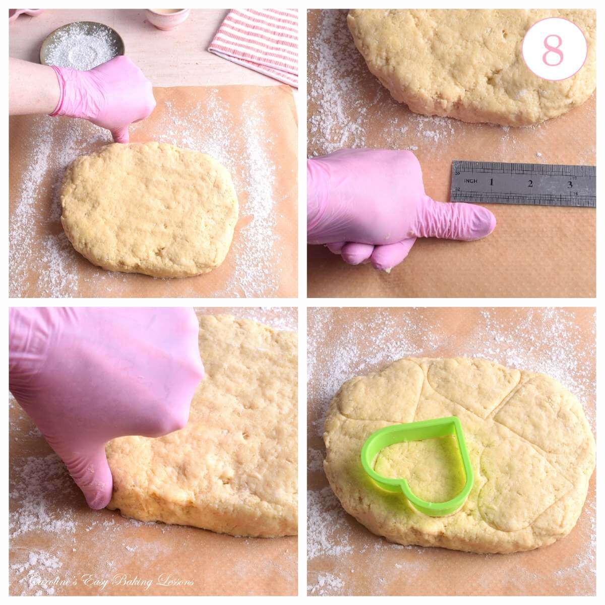 4 image cllage of patting out scone dough, measuring depth & marking out where cutter will go, with text 'photo 8'.