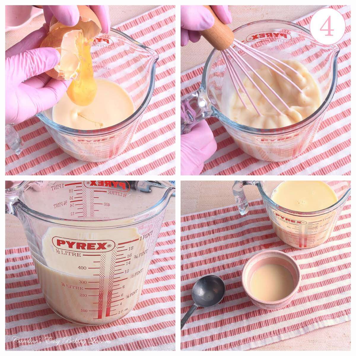 4 photo collage of pink table with cracking eggs, adding to jug, whisking and adding milk, with text 'photo 4'.