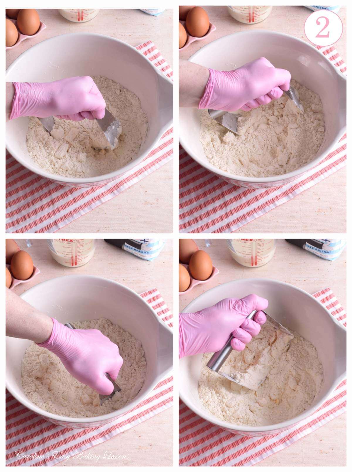 4 photo collage of pink gloved hand, 'working in' butter and flour with a pastry cutter for scones, with text 'photo 2'.