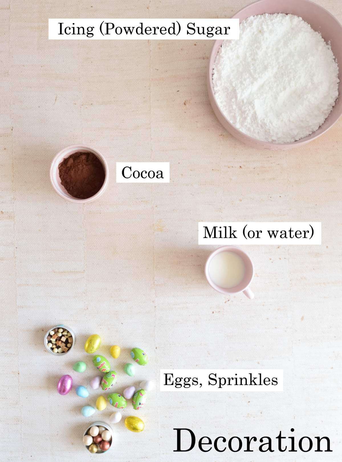 Overhead image of labelled ingredients for decorating a Devils Foood bundt cake.