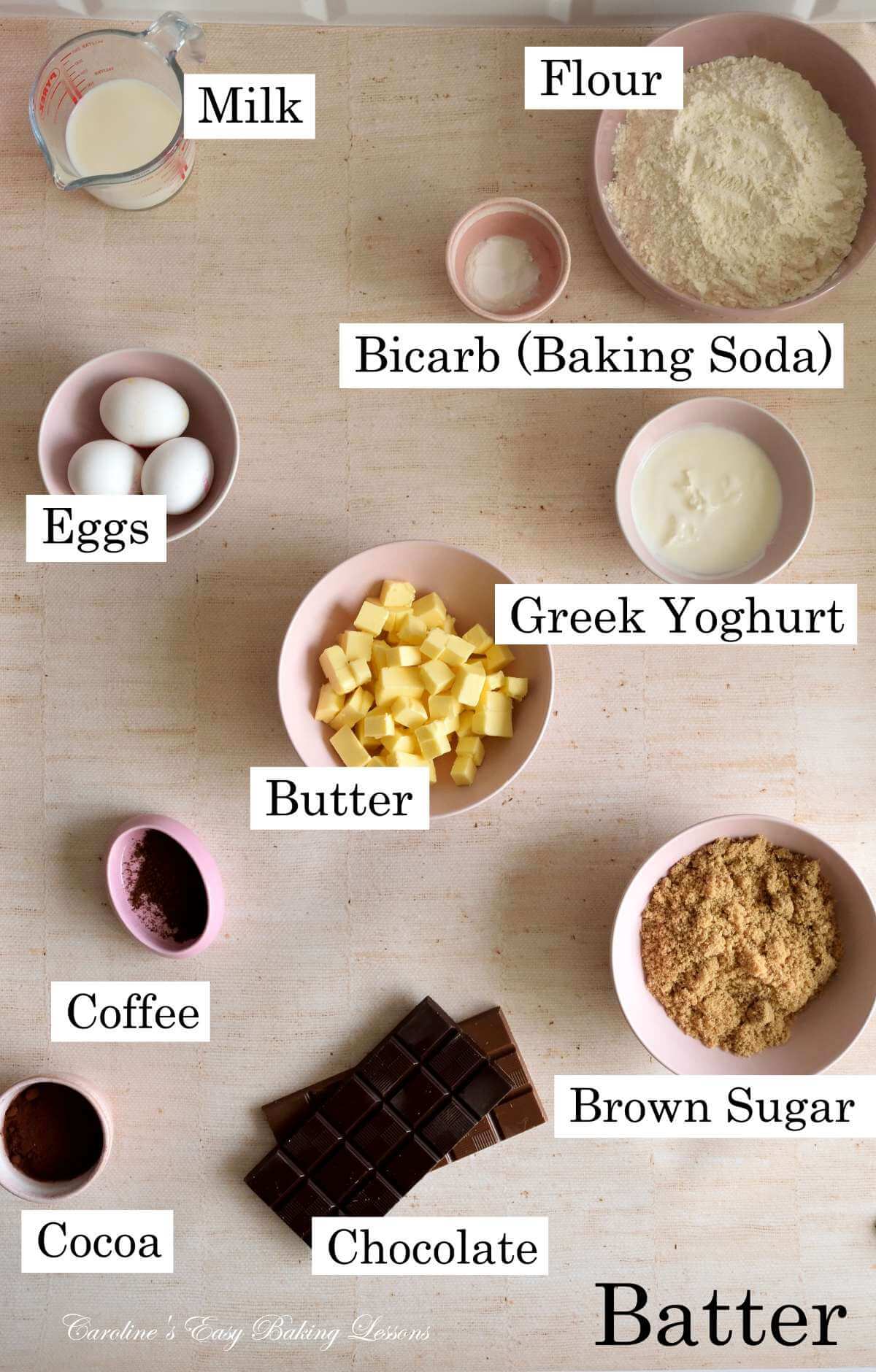 Overhead image of labelled bowls of ingredients for Devil's food cake bundt batter.