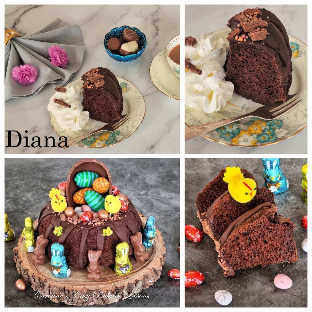 4 image collage of reader's bakes for Easter Devil's Food bundt cake, with seasonal decorations and text 'Diana'.