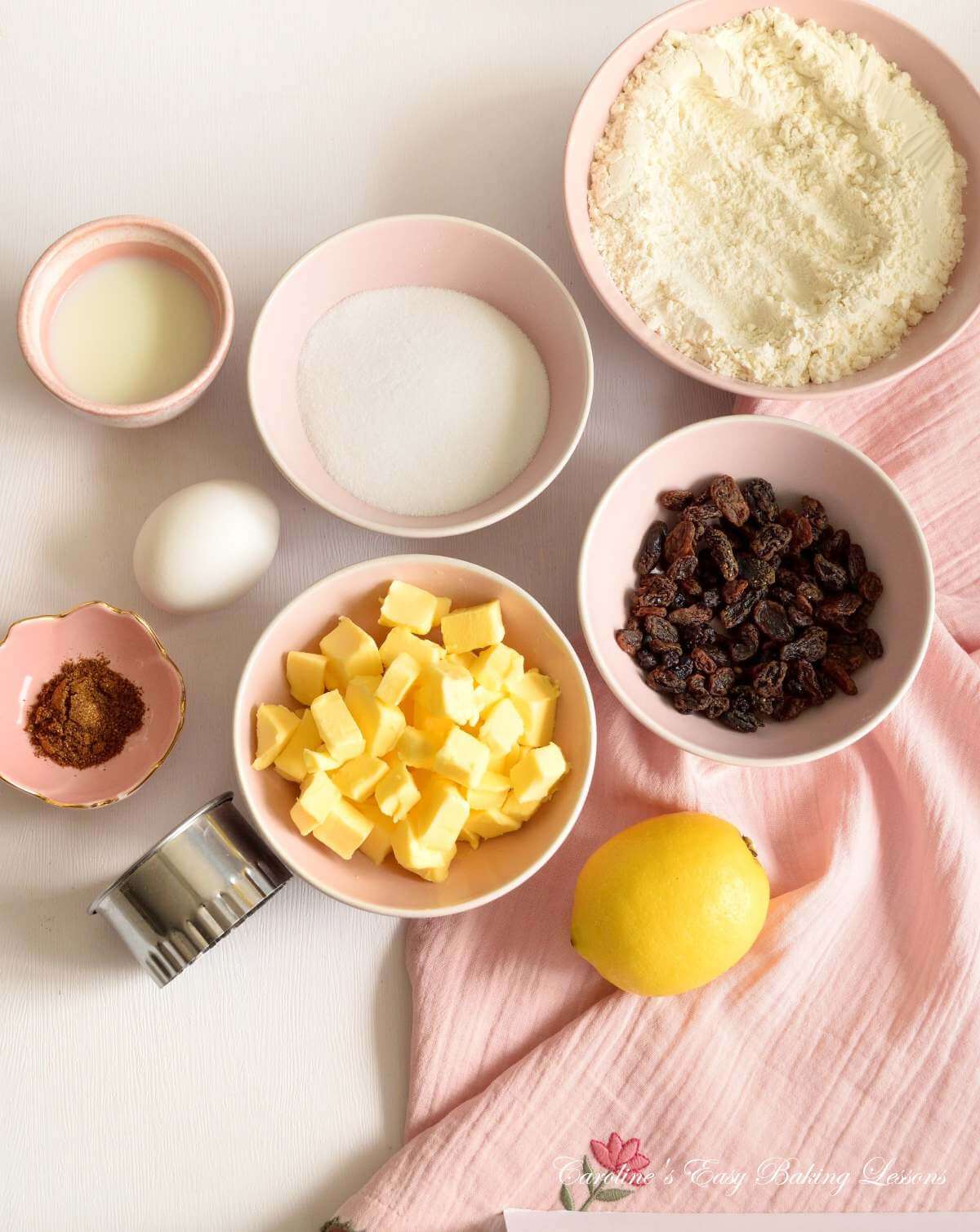 Image of bowls of ingredients for Mary Berry's Easter biscuits/cookies.