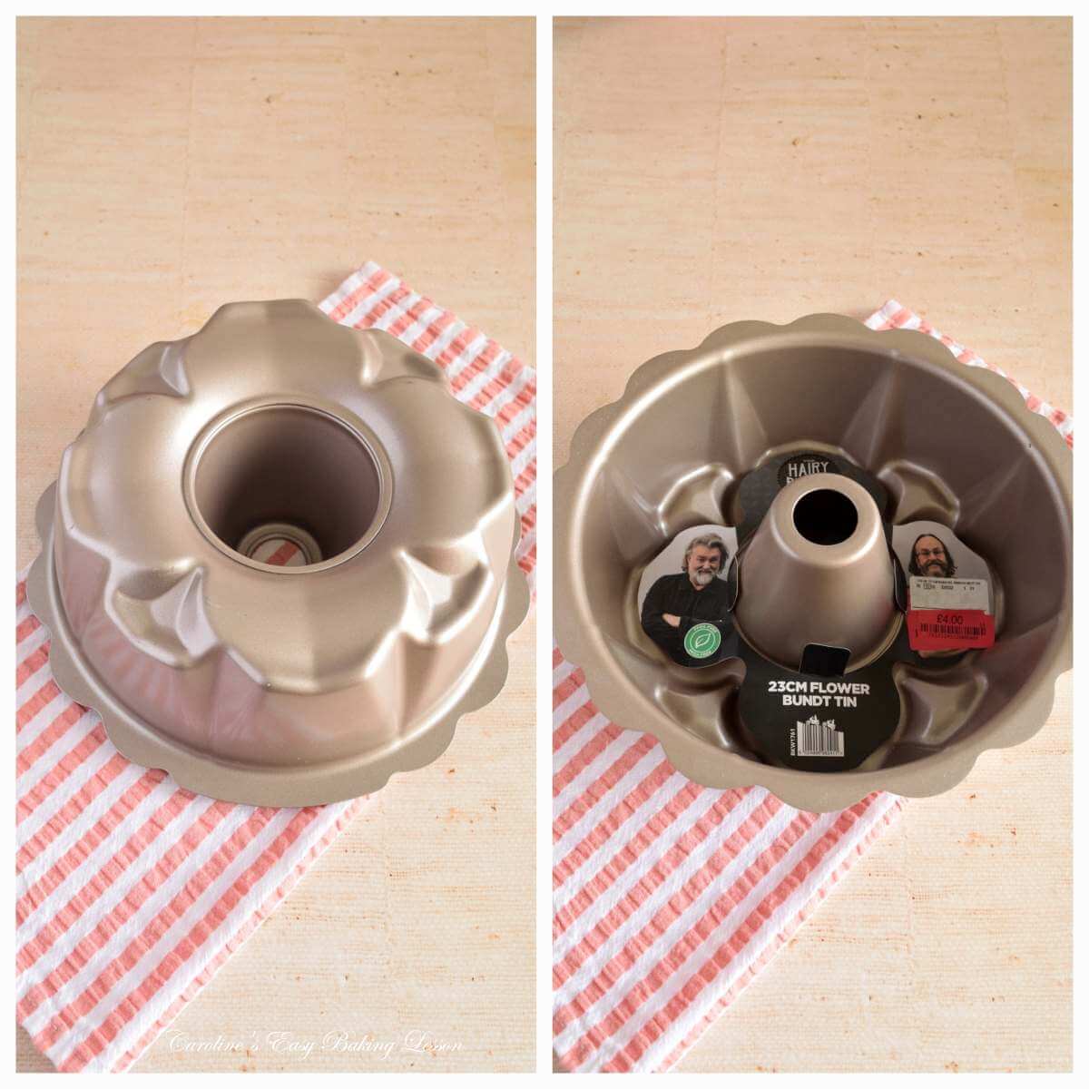 2 image collage of Hairy Biker's brand flower 23cm bundt tin, one with label on.