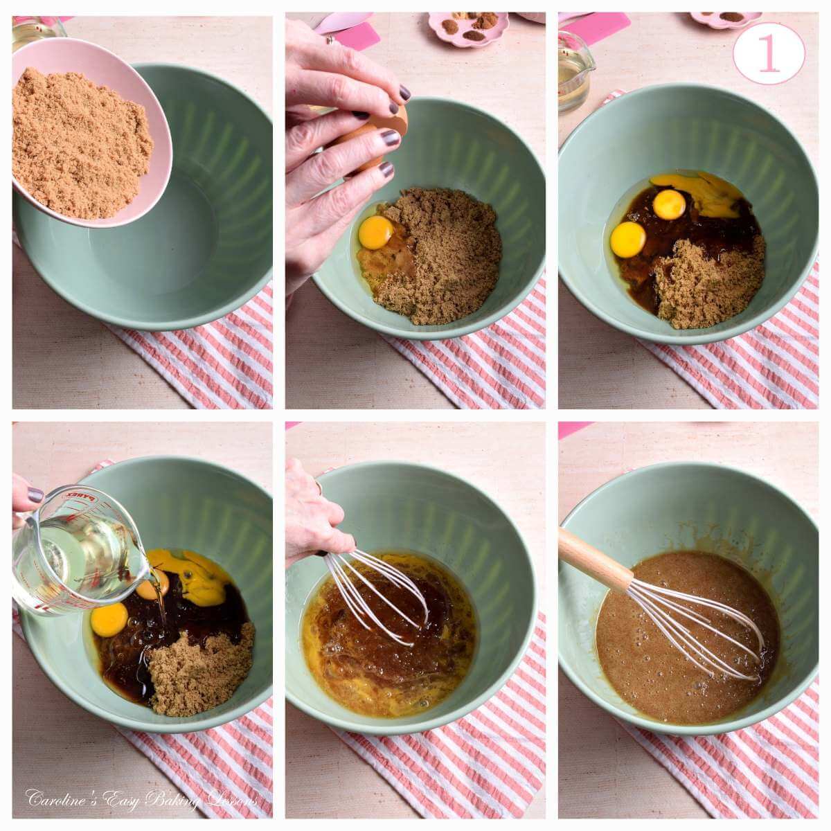 6 image collage of female hands, mixing wet ingredients for a carrot cake, with text 'photo 1'.