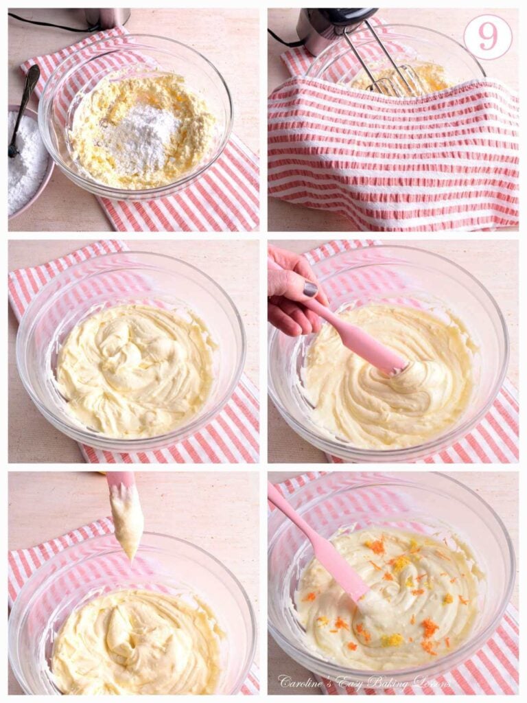 6 image collage of female hand mixing icing/powdered sugar into make cream cheese thick frosting, with text 'photo 9'.
