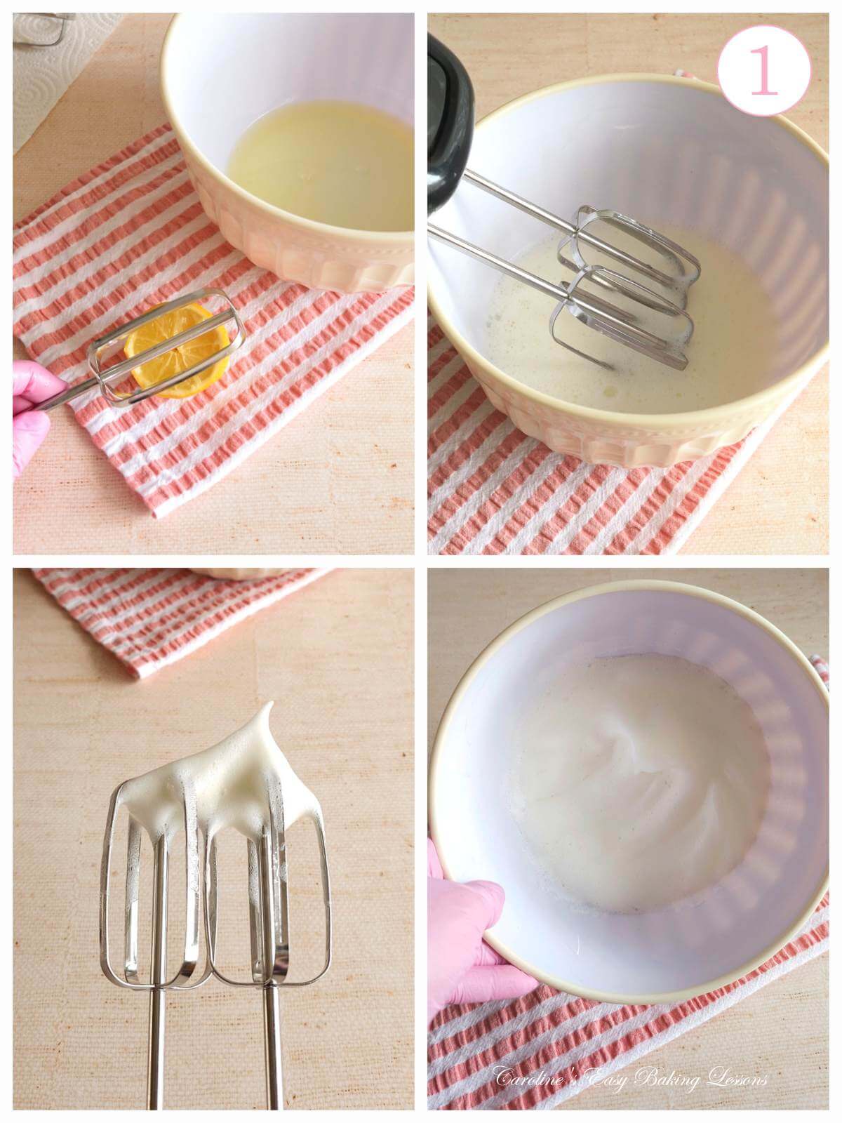 4 image collage of whisking egg whites to firm peaks, with text 'photo 1'.