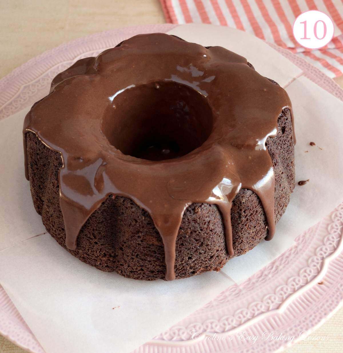Image of Devil's food chocolate bundt cake with chocolate glaze setting and text 'photo 10'.