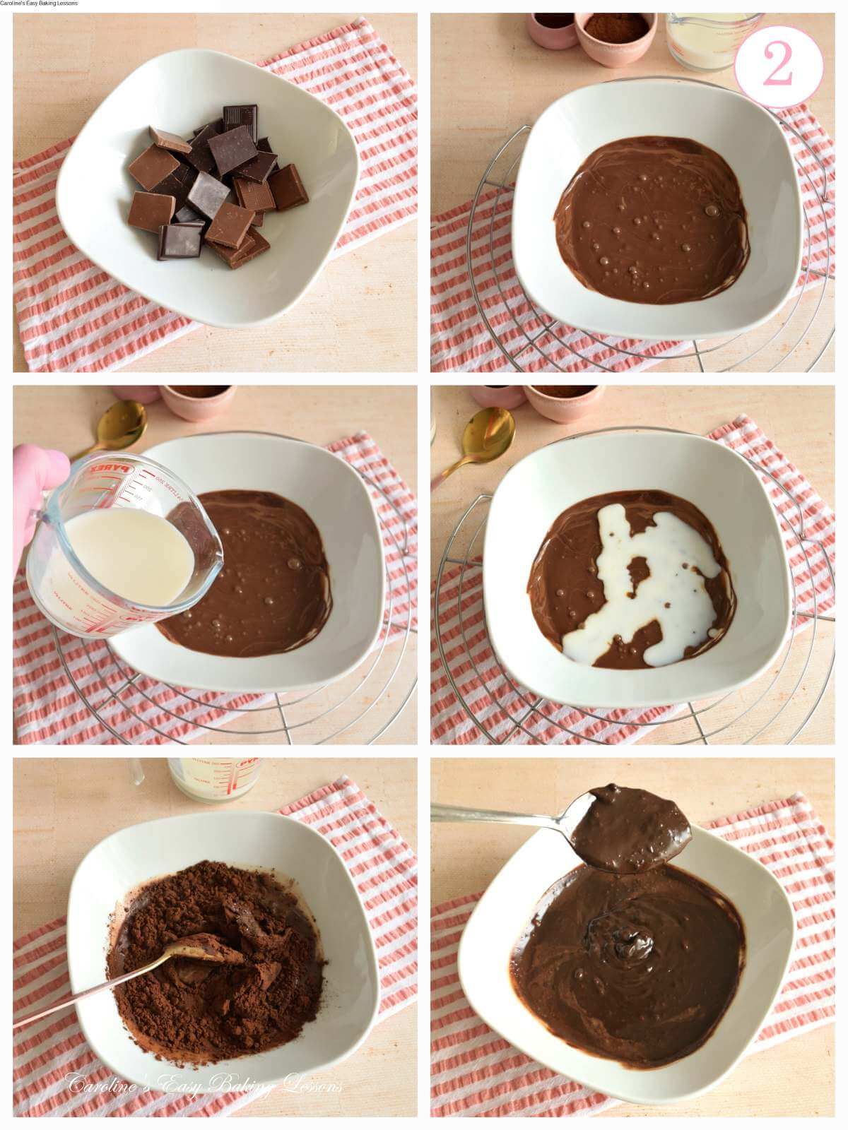 6 image collage of mixing melted butter with milk & cocoa butter, with text 'photo 2'.