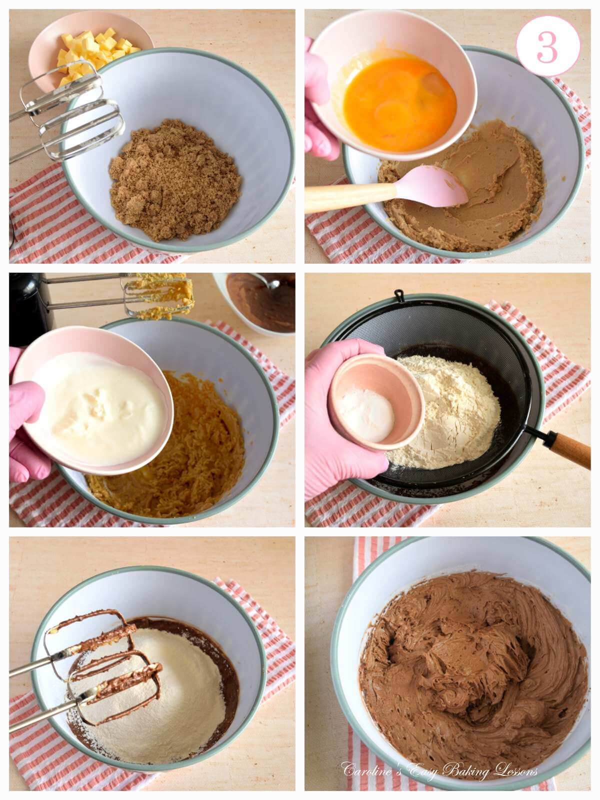 6 image collage of mixing eggs, sugar, butter, yoghurt & flour, with text 'photo 3'.