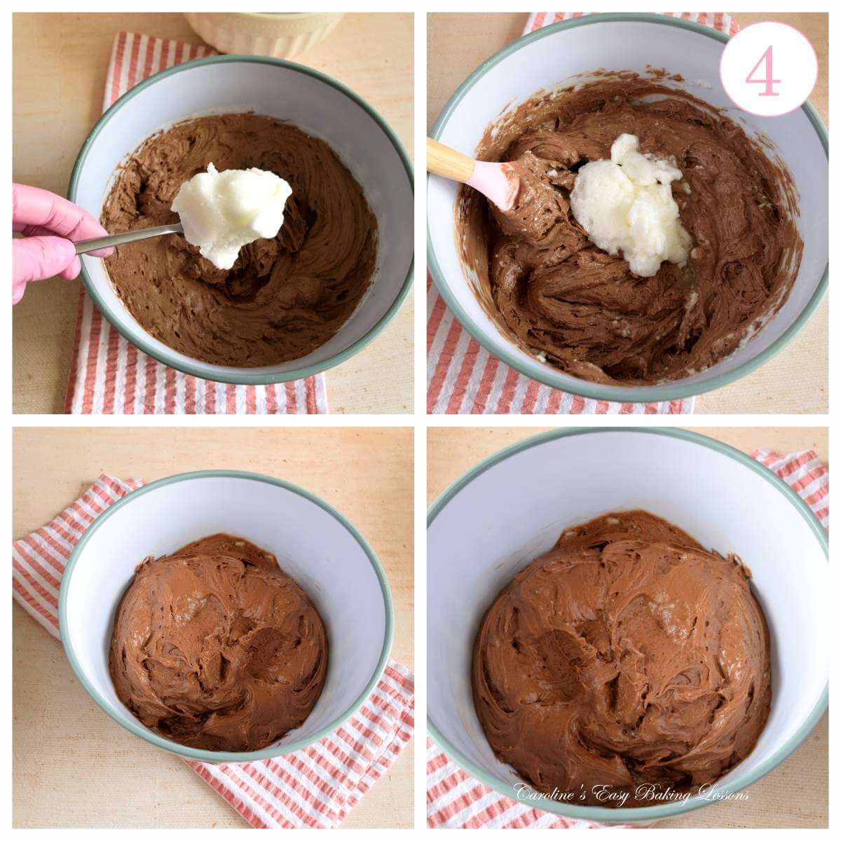 4 photo collage of folding in whisked egg whites in increments, into a chocolate cake batter, with text 'photo 4'.