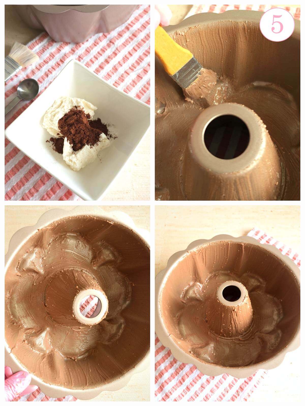4 photo collage of mixing lining paste/cake goop with cocoa to grease a bundt tin, with text 'photo 5'.