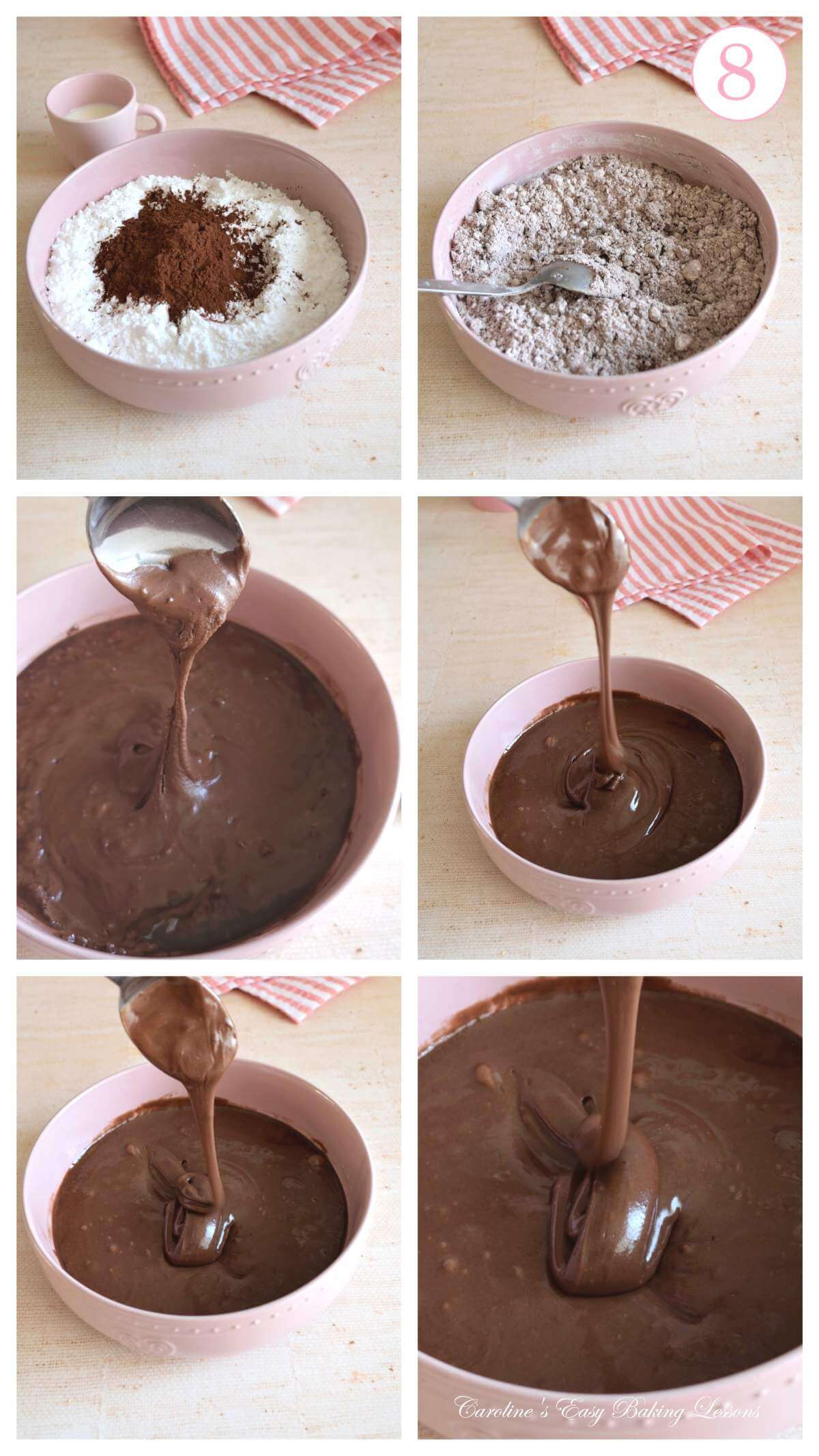 6 photo collage of making a thick chocolate glaze with text 'photo 8'.