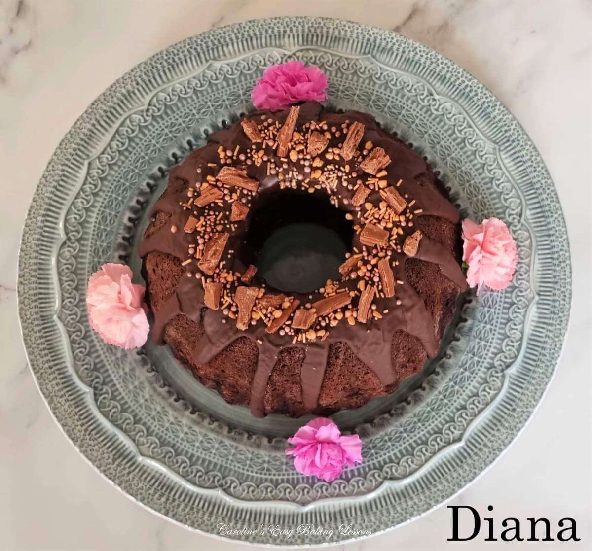 Overhead image of a grey fancy plate with Devil's Food bundt cake on top, with chocolate glaze and sprinkles, with name 'Diana' as a reader's bake.