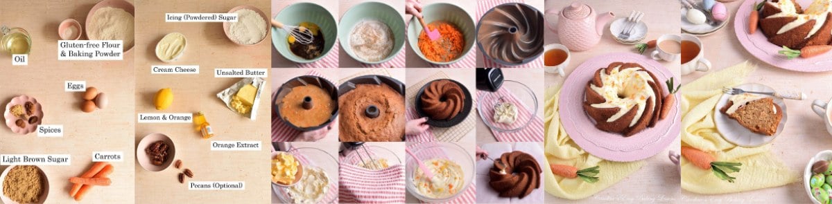 Wide banner collage of ingredient shots, process collage and 2 of final carrot bundt cake.