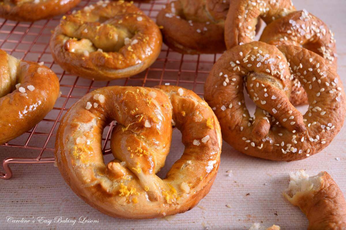 Horizontal, and close image of sweet and savoury pretzels.