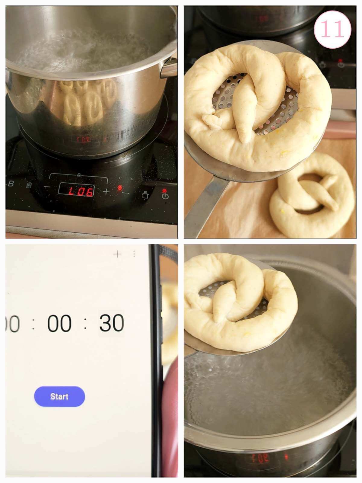 4 image collage of blanching bagels before baking, with text 'photo 11'.