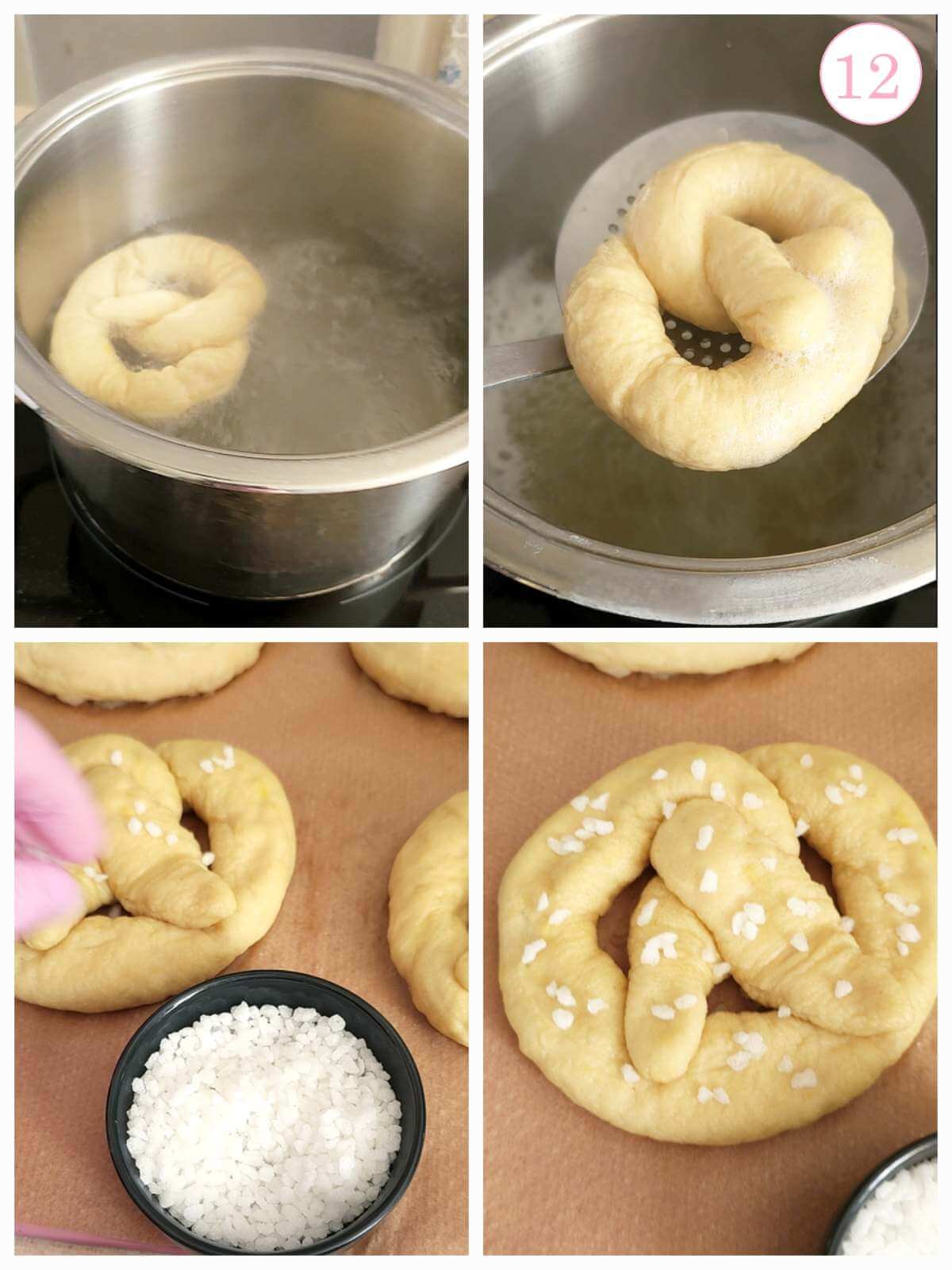 4 image collage of pretzels blanced and adding sea salt on top before baking, with text 'photo 12'.