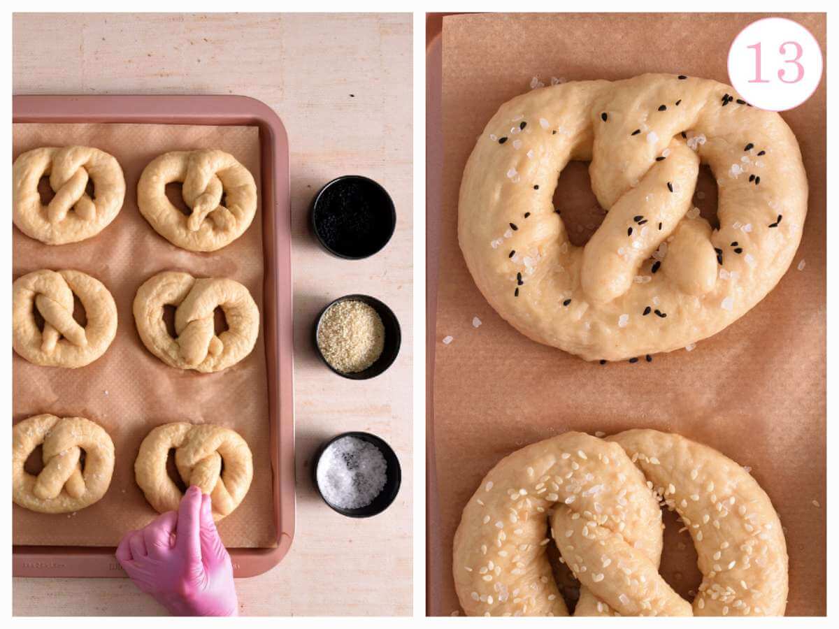 2 image collage of topping banched pretzels ready to bake, with text 'photo 13'.