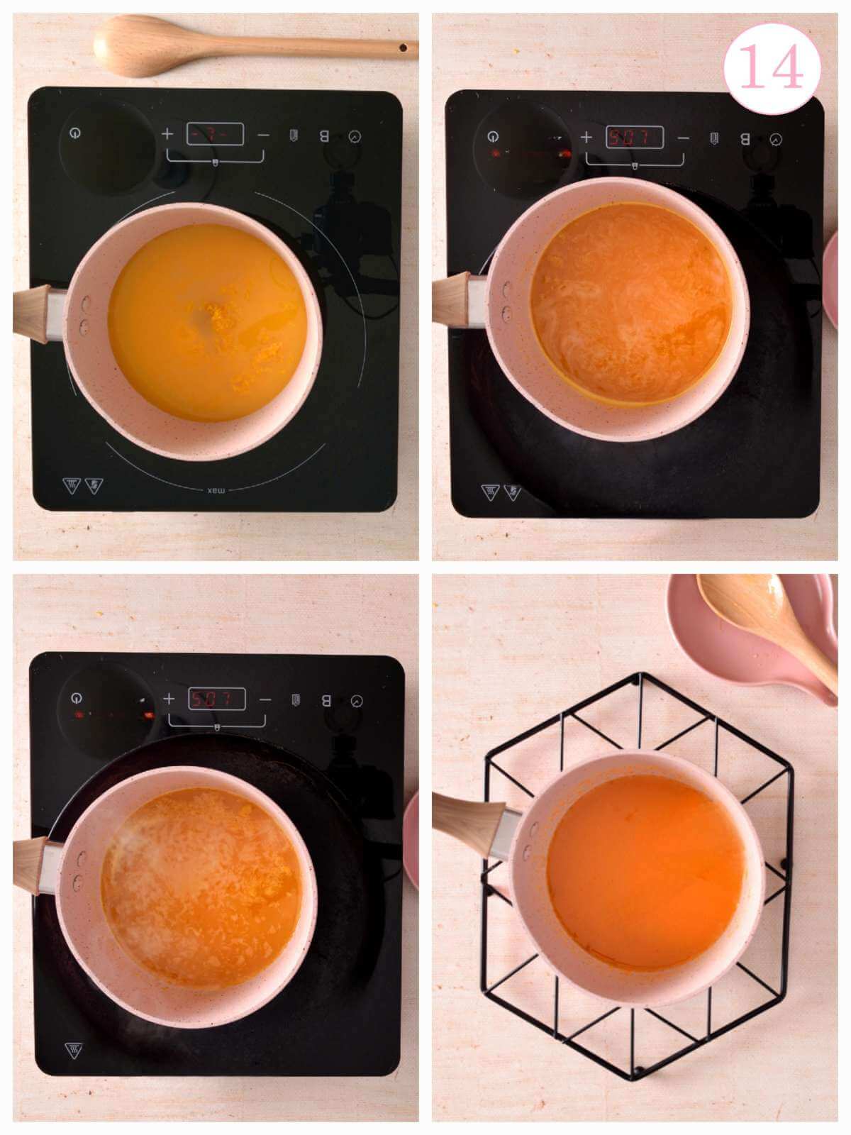 4 image collage of making orange simple syrup on stove top, with text 'photo 14'.
