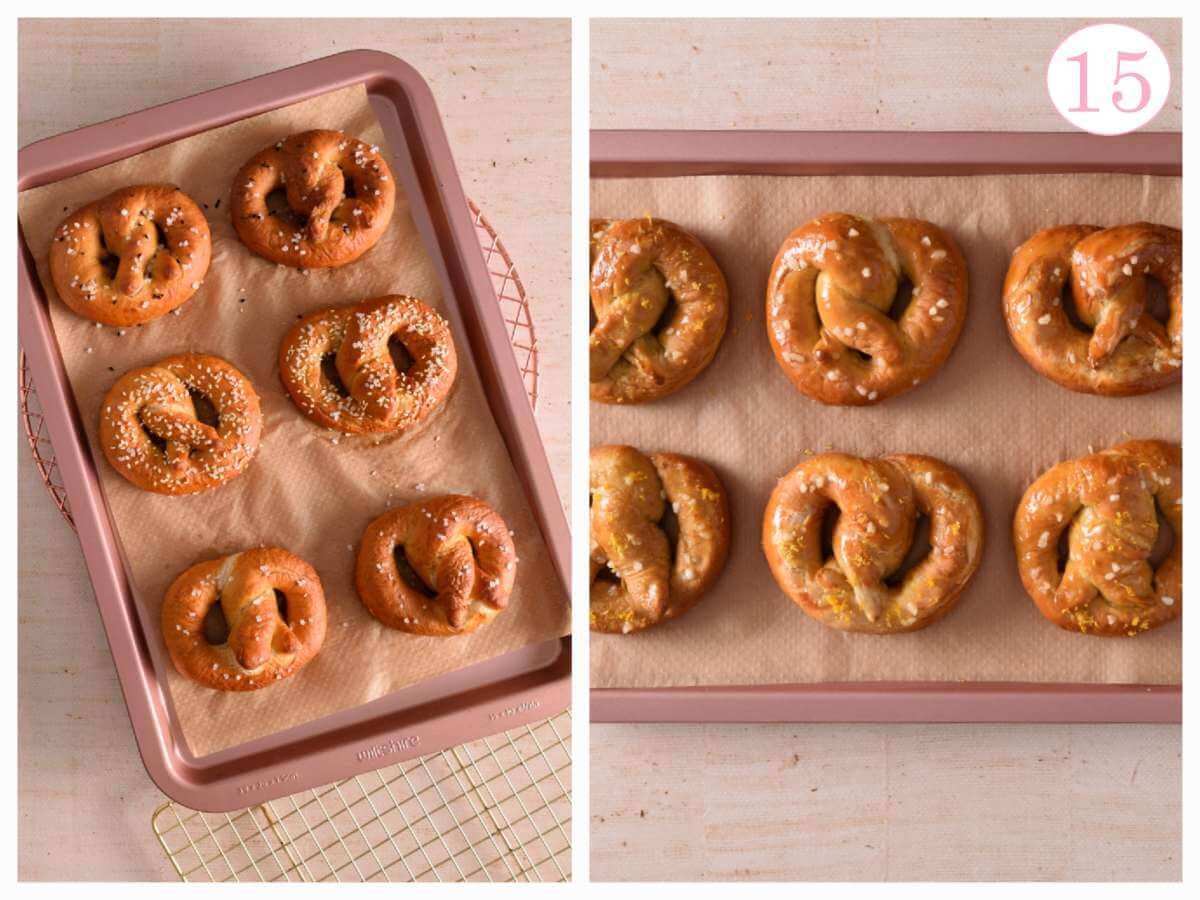 2 image collage of baked sweet and savoury yeast bagels, cooling on rack, with text 'photo 15'.