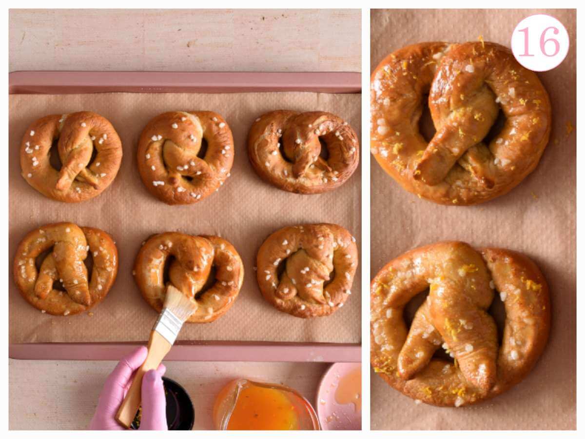 2 image collage of baked sweet and savoury bagels, brushing orange syrup on the sweet ones, with text 'photo 16'.