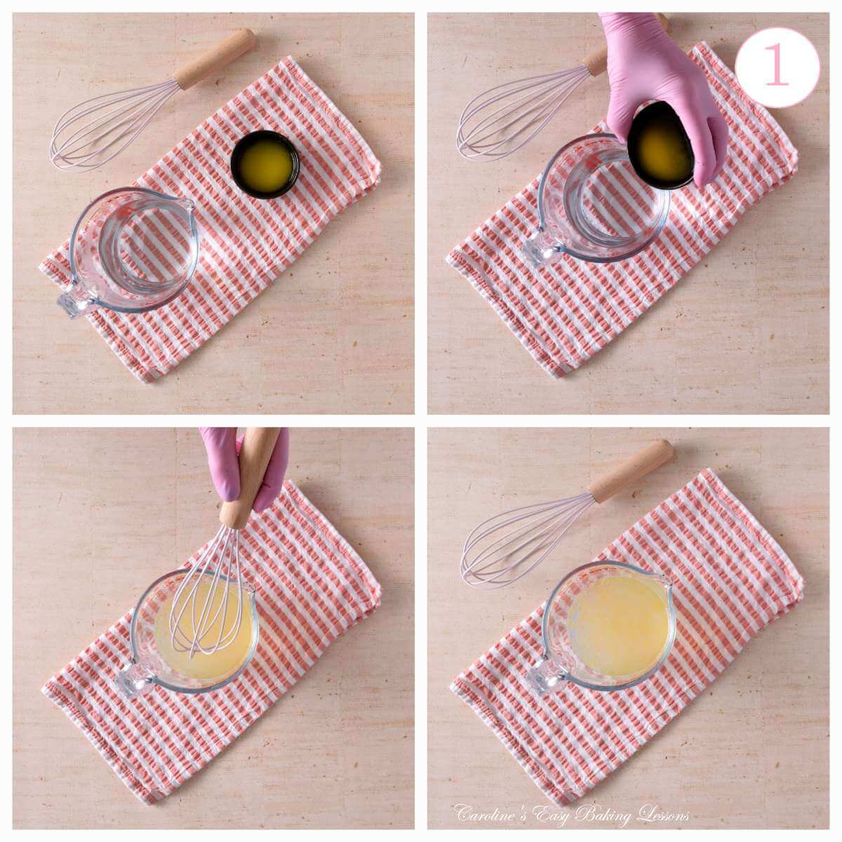 4 image collage of process for mixing tepid water and melted butter for pretzels, with text 'photo 1'.