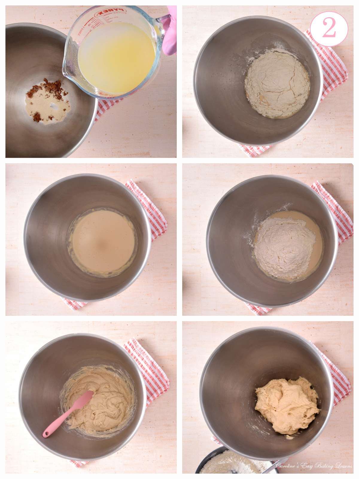 6 image collage of adding yeast, sugar, salt, liquid & first lot of flour for pretzel dough, with text 'photo 2'.