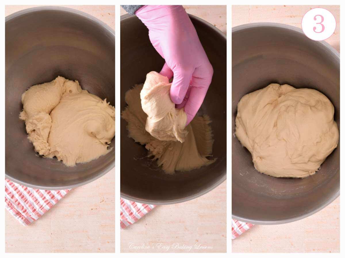3 image collage of kneaded dough and feeling the texture and stretch, with text 'photo 3'.