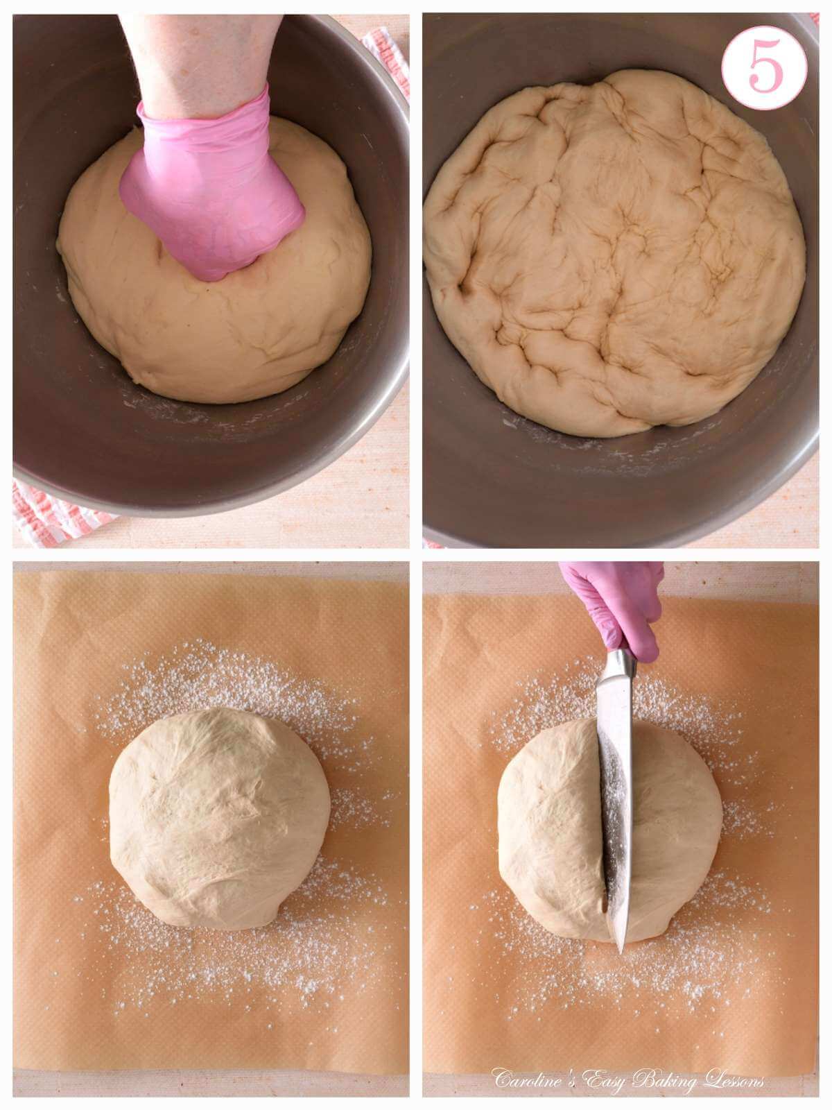 4 image collage of knocking dough back, and dividing up, with text 'photo 5'.