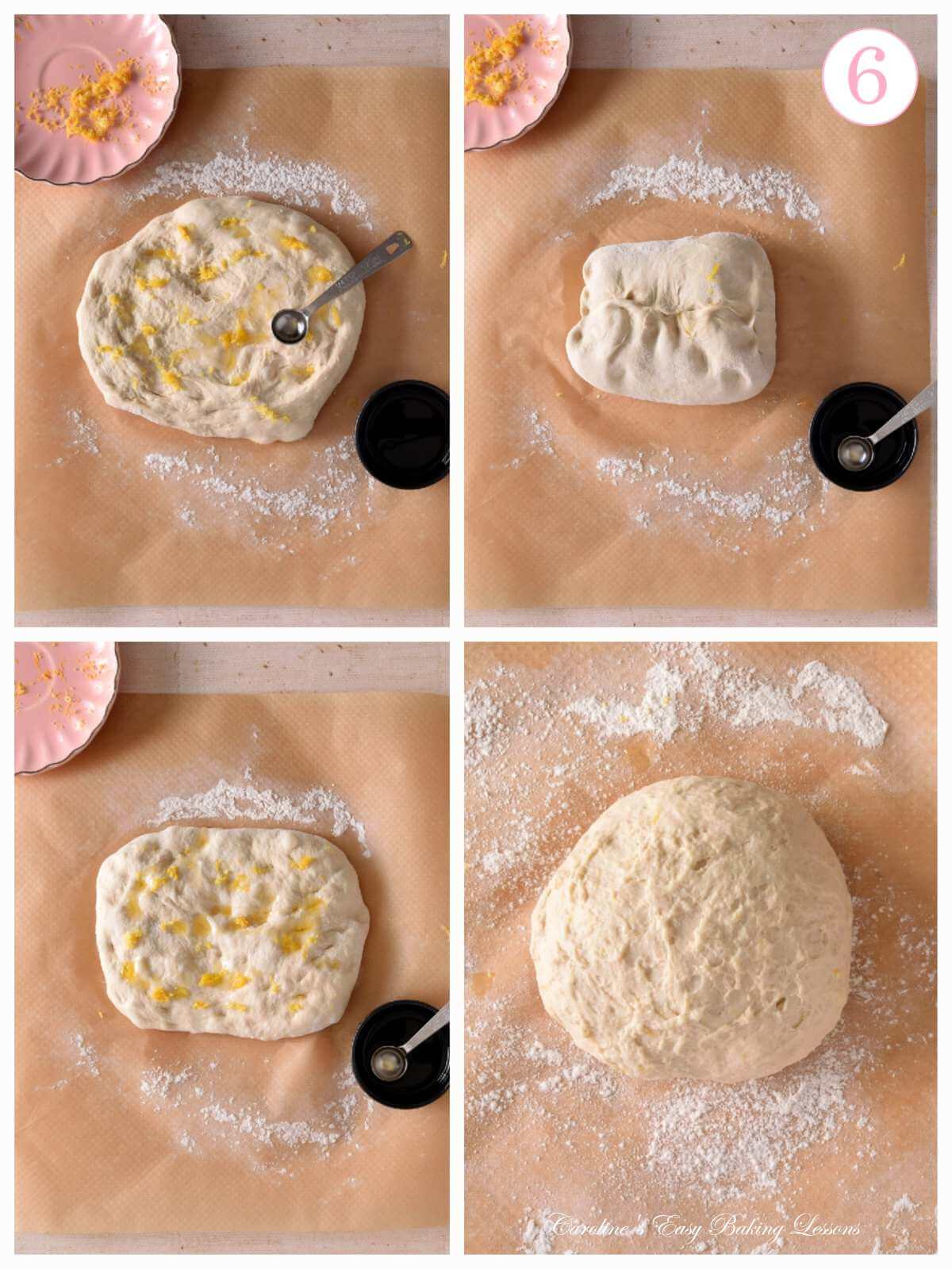 4 image collage of openign out pretzel dough to add zest and extract, with text 'photo 6'