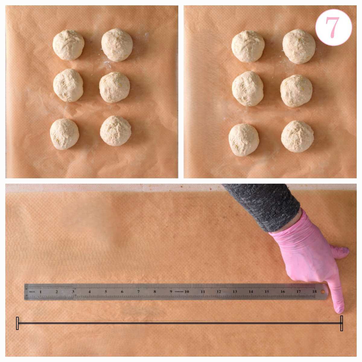3 image collage of dividing dough into 12 balls and marking a long line on pachment paper to roll pretzel dough, with text 'photo 7'.