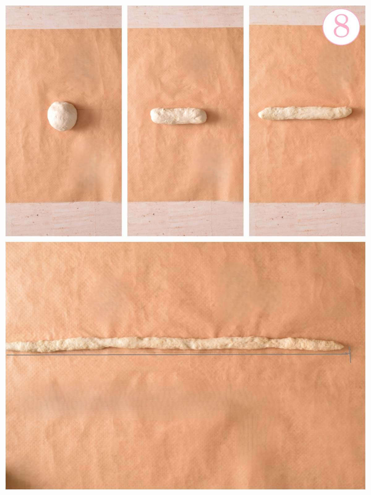 3 image collage showing rolling out pretzel dough to long length, with text 'photo 8'.