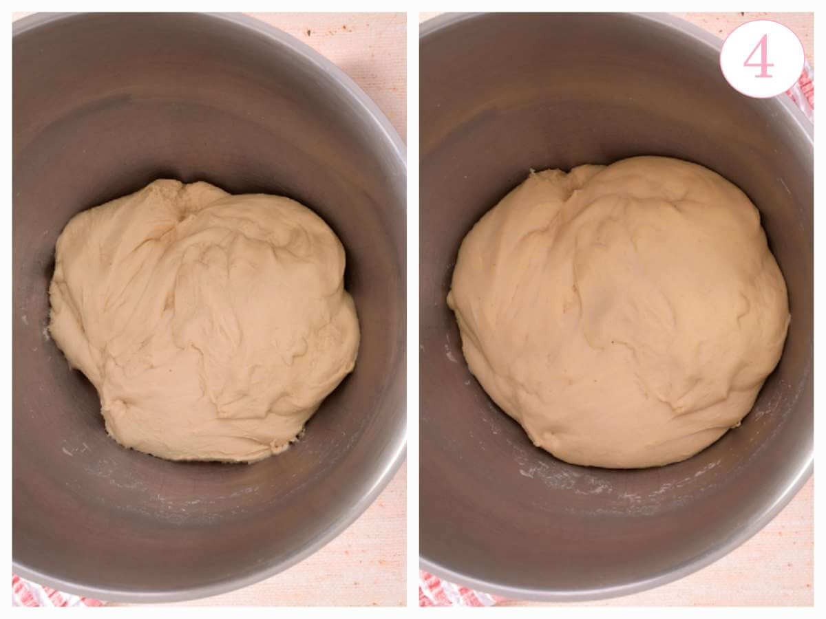 2 image collage of dough in bowls, showing before after just 20 minutes of proving, with text 'photo 4'.