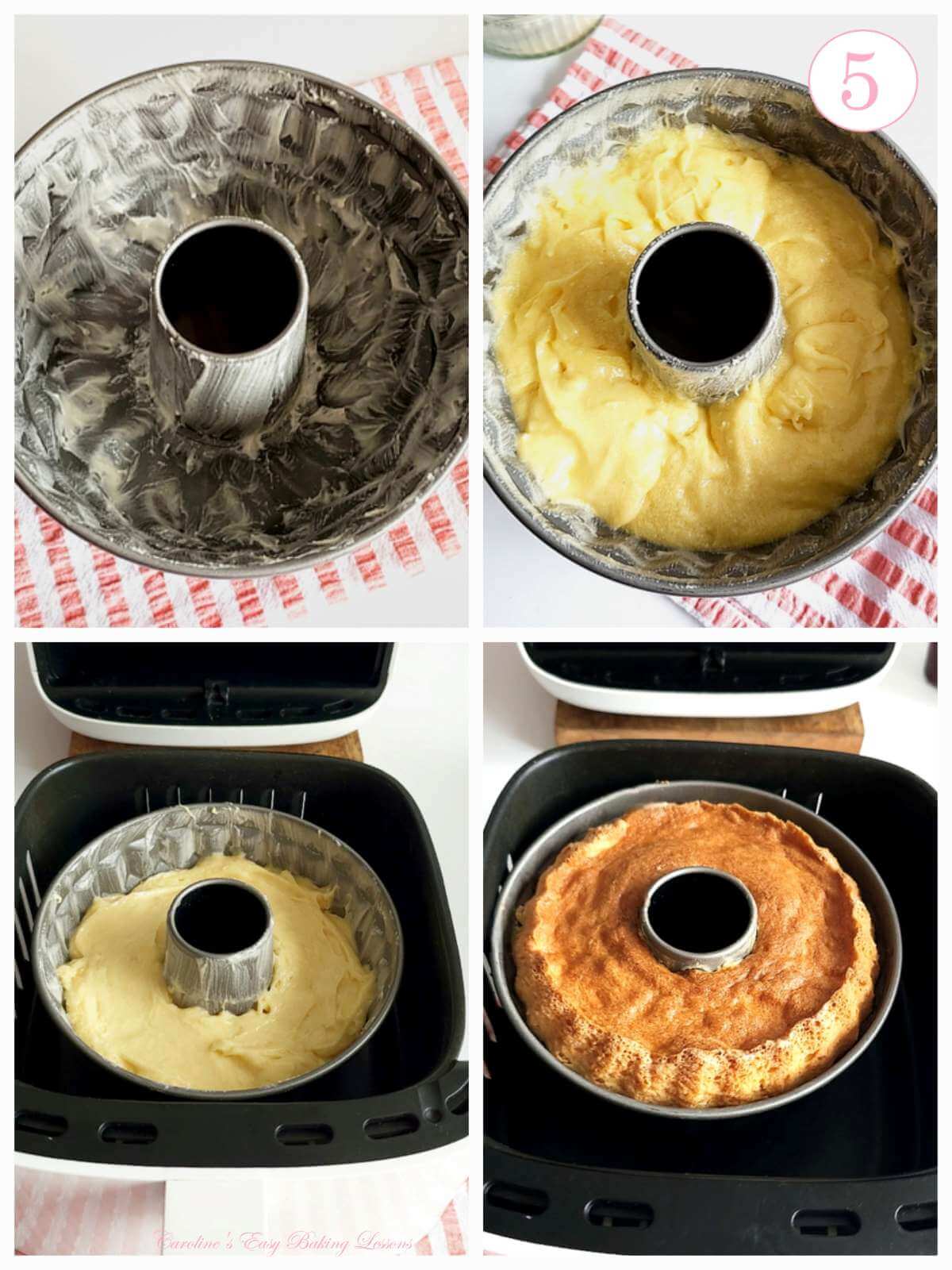 4 image collage of greased smaller bundt tin, adding batter and bakign in a basket air fryer with text 'photo 5'.