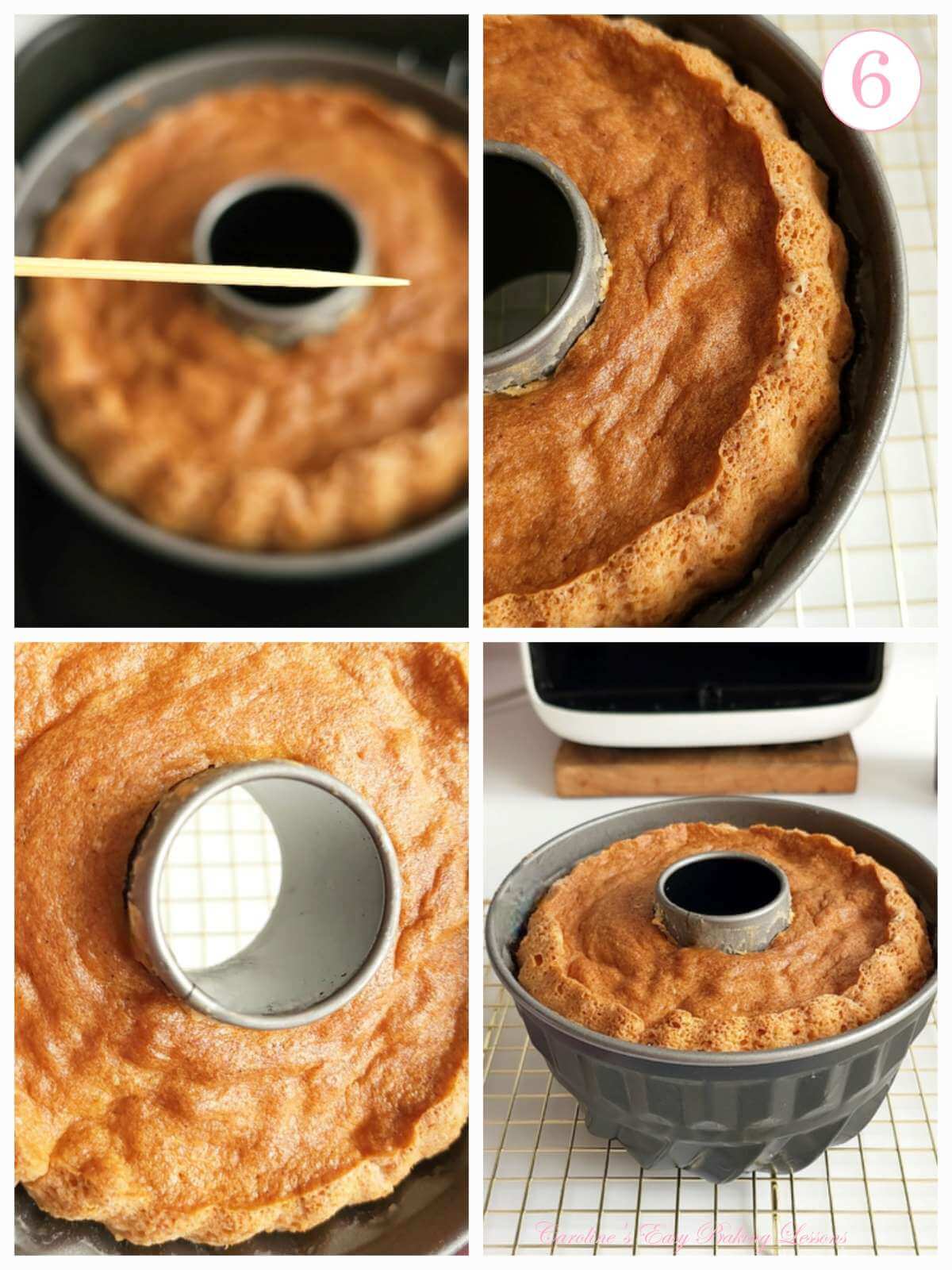 4 imge collage of a baked bundt cake coming out of a basket air fryer, with text 'photo 6'.