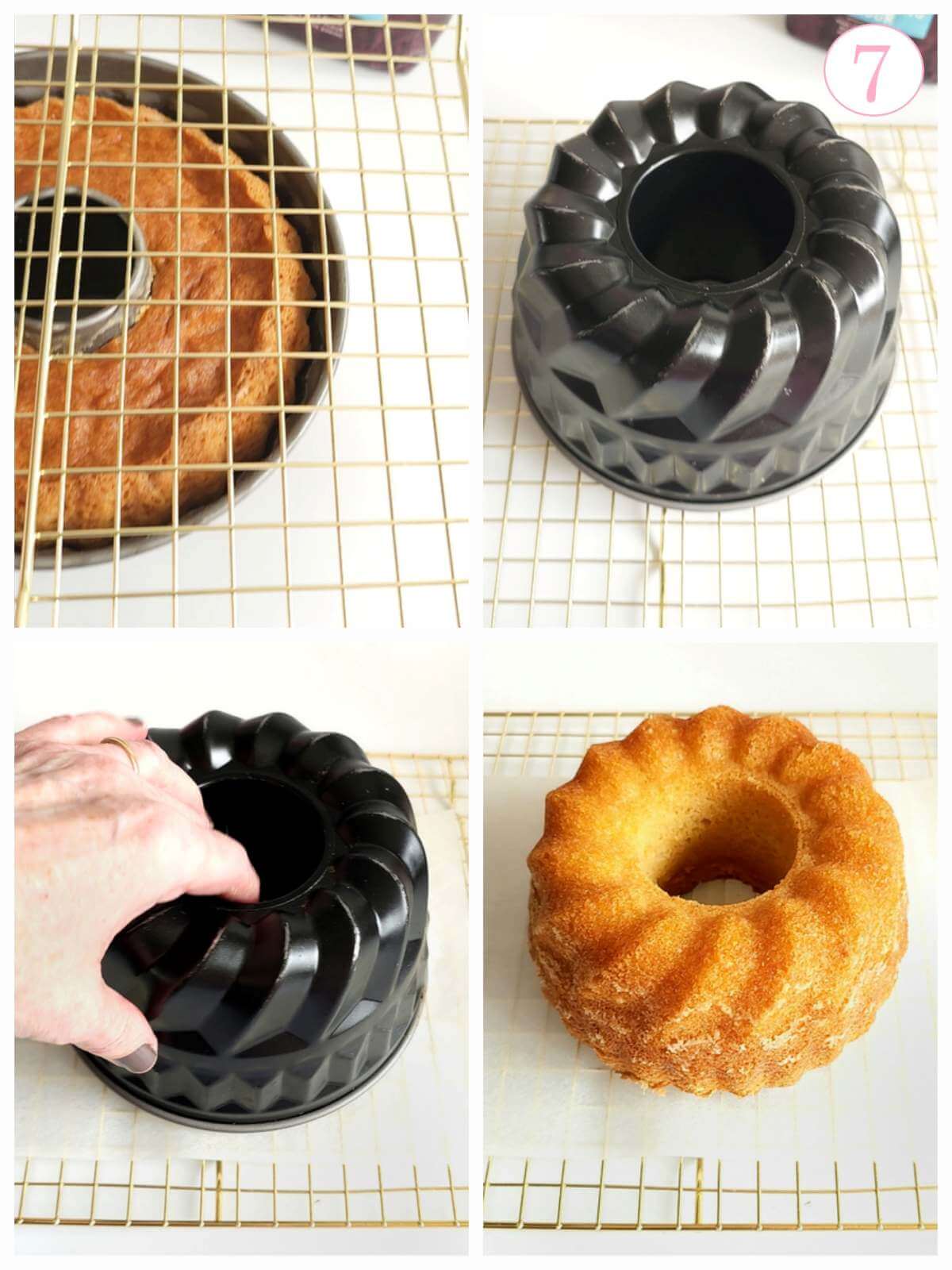 4 image collage of turning out bundt cake & cooling, with text 'photo 7'.