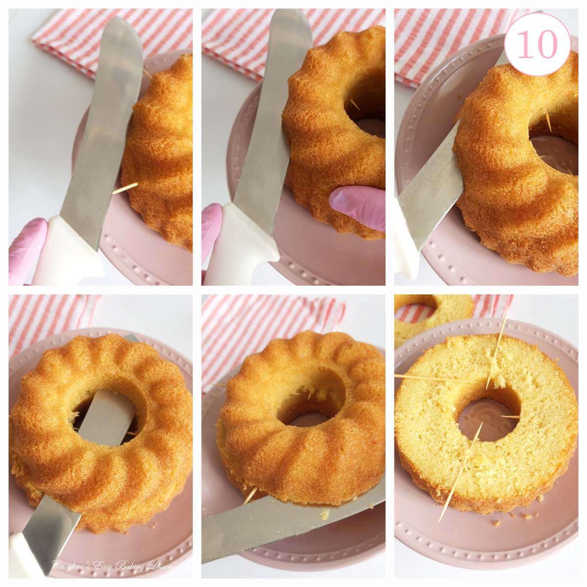 6 image collage of slicing a bundt cake into 2 layers, with text 'photo 10'.