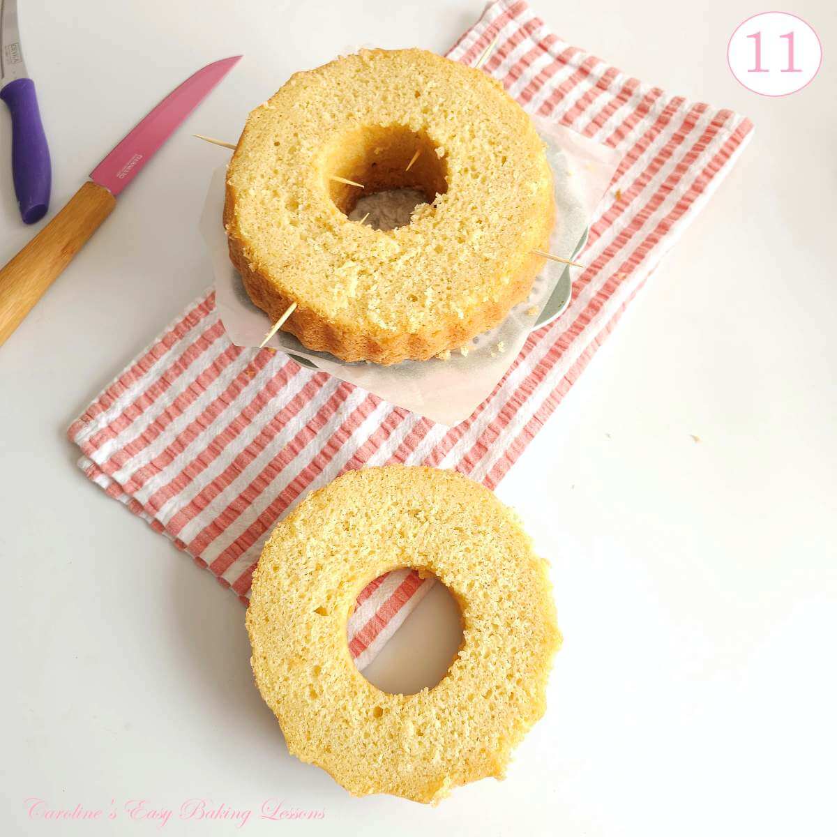 Overhead image of bundt ckae sliced into 2 layers, with text 'photo 11'.