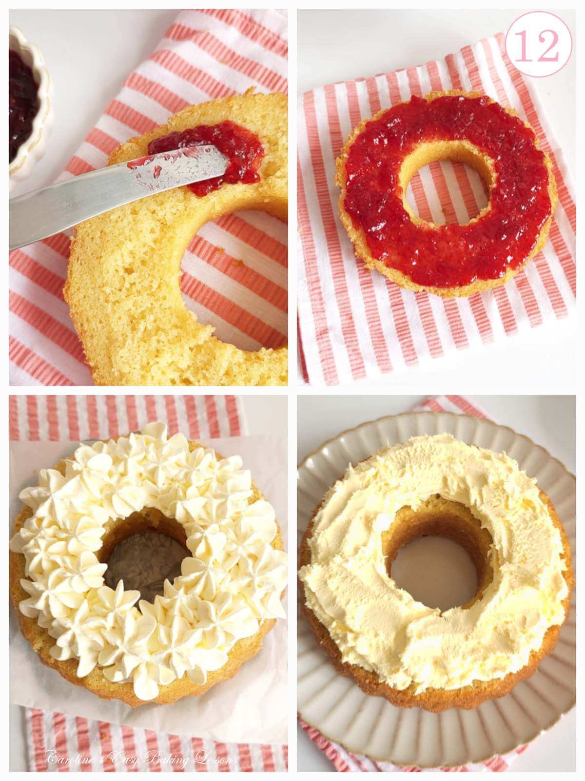4 image collage of spreading jam on bundt cake layer, and piping whipped cream and end clotted cream layer, with text 'photo 12'.