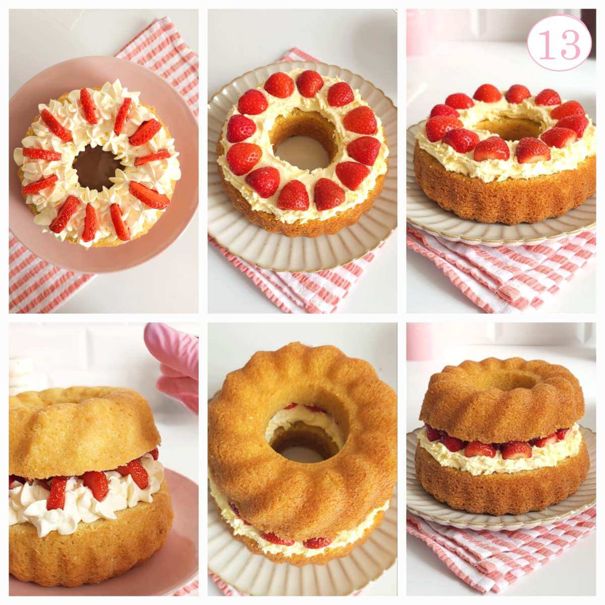 6 image collage showing whipped cream and strawberry slices on base bundt cake layer, clotted cream and strawberry halves, and once the top layer is on, with text 'photo 13'.