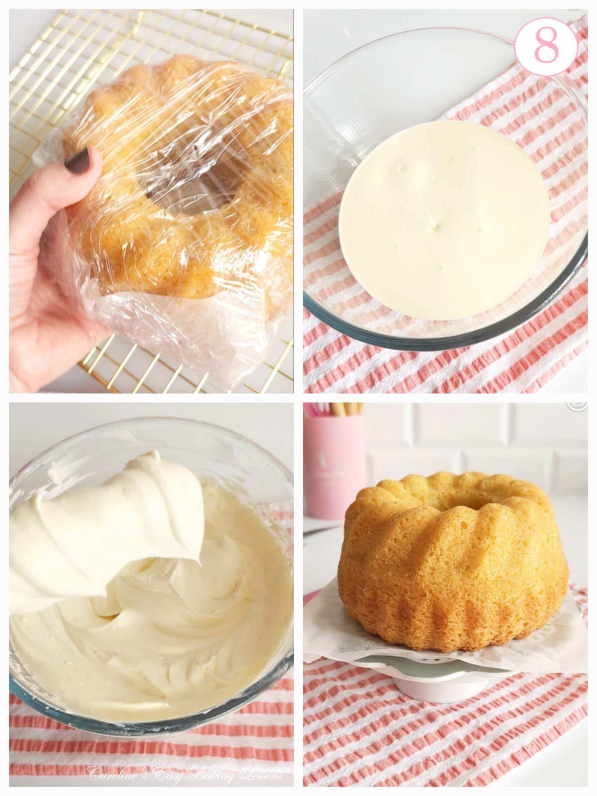 4 image collage of wrapped cooled bundt cake, whipping cream and with text 'photo 8'.