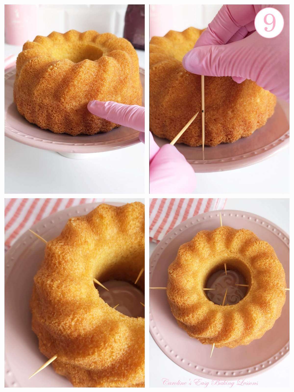4 image collage of placing 4 cocktail sticks in the middle of a bundt cake for dividing, with text 'photo 9'.
